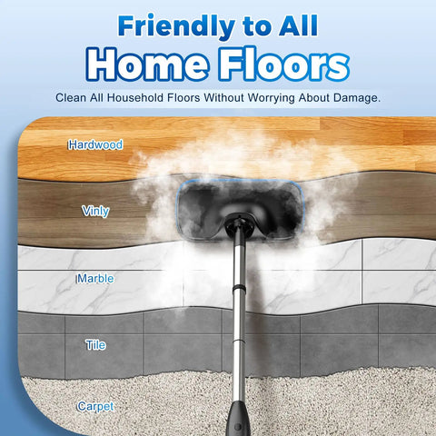 No Fuss Heavy Duty Steam Mop With Seventeen Attachments And Adjustable Two Sixty Degree Flow cleaning various floor types.