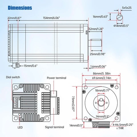 CNCTOPBAOS integrated Nema34 closed-loop stepper motor driver, 86×86×176 mm, 14 mm shaft, dimension diagram.