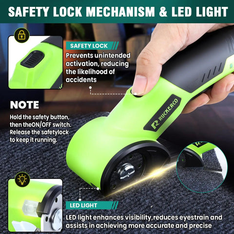 Cordless Electric Scissors Box Cutter With Two Rotary Blades 4V Rechargeable Cardboard Cutter USB Charge Safety Lock Storage Box Fabric Scissor For Plastic Carpet Leather DIY Crafts, safety lock and LED light