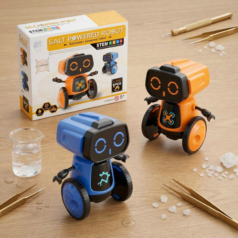 Saltwater Powered Robot Kit for STEM Learning No Batteries Needed DIY Science Toy with two robots and packaging.