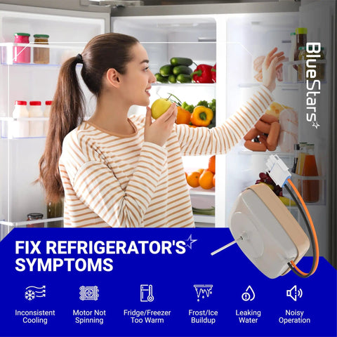 Refrigerator Evaporator Fan Motor Replacement For GE Hotpoint Fridges With 60 Hz 3W 115V Shaft next to open fridge with food