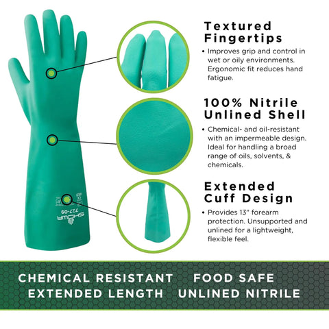 Beefy Heavy Duty Chemical Resistant Nitrile Gloves 15 Mil Thick With 13 Inch Gauntlet Bisque Grip Latex Free CE Cat III Green X Large