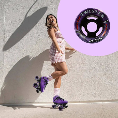 Person skating with purple roller skates, featuring a Twister Roller Skates Wheels Pack Of 8 In 95A Urethane 62mm By 42mm Size inset