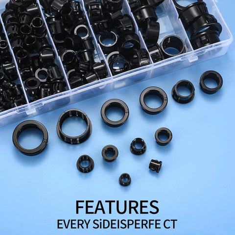 170 Pcs Black Round Nylon Cable Snap Grommets Set Durable PA66 Material Snap In Grommet Protectors Assorted Sizes From 5/16, 3/8, 1/2, 5/8, 3/4 And 1 Inch Locking Bushing Plugs For Cable Holes