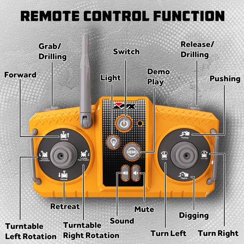 Front view of orange remote-control excavator toy controller with dual joysticks.
