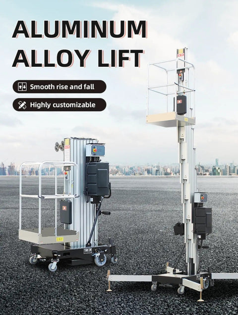 Lightweight Single Mast Aluminum Lift Electric Vertical Aerial Platform showcases two models on asphalt, emphasizing height access and maneuverability.