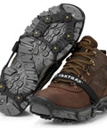 Heavy Duty Tungsten Carbide Spikes For Ice Walkers Large X Large Black Traction Cleats on brown hiking boots with spike points visible.