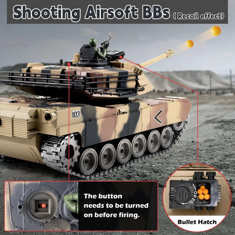 1 18 Scale RC Tank With Realistic M1A2 Metal Chassis, 2 4G Remote Control, Fires BBs, Smoke Lights Sound And Recoil. Close-up showing BB hatch and tank firing.
