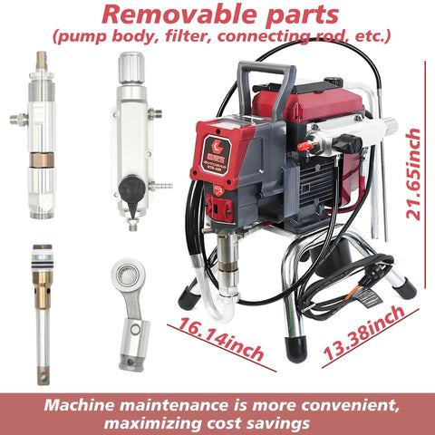 Heavy Duty Airless Paint Sprayer With Fifty Foot Hose And Three Swappable Tips Crush Exterior Painting Projects On Homes Fences And Decks Straight From The Paint Bucket Save Serious Sweat Equity And Get Her Done Quick. Close-up of removable parts including pump body and filter.