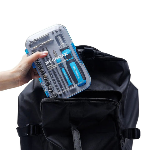 Ultra Handy 68 Piece Ratcheting Screwdriver Set With Magnetic Bits And Sockets In A Tough Impact Case shown being placed in a backpack