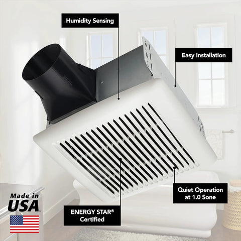 Energy Star Bathroom Exhaust Fan With 110 CFM Quiet 1.0 Sones, white unit highlighting features with USA flag icon.