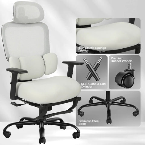 Ergonomic Office Chair With Footrest And Mesh Back, Adjustable Headrest And Armrests, Dynamic Floating Wing Lumbar Support, High Back Desk Chair For Home Office, All Day Comfort, BIFMA Certified, Gray with features view