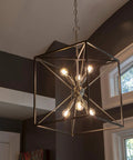Modern room with Six Light Sputnik Pendant in Brushed Steel and Glass, Glam Industrial Ceiling Light Fixture for Living Room or Dining Area