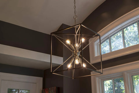 Modern room with Six Light Sputnik Pendant in Brushed Steel and Glass, Glam Industrial Ceiling Light Fixture for Living Room or Dining Area