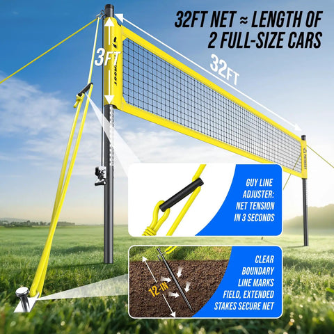Heavy Duty Volleyball Net Set For Backyard And Beach Play With Anti Sag Winch 32Ft Reinforced Net Height Adjustable RustResistant Aluminum Poles