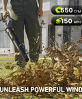 Person using Cordless Leaf Blower With Swivel Head 550 CFM 150 MPH, Includes Two 4.0Ah Batteries And Charger, Ultra Lightweight 3.7 Lbs