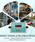 Industrial Load Cell Amplifier Transmitter With Unit Switching for Scales and Automation converts microvolt signals to four to twenty milliamps or zero to ten volt output auto calibration five volt excitation and one to ninety nine digital filtering easy, shown in a factory setting with control panels.