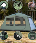 Family Cabin Tent For 6-8 With Porch And 2 Rooms, Waterproof Glamping Tent, 3 Doors, shown in open grassy field, various features.