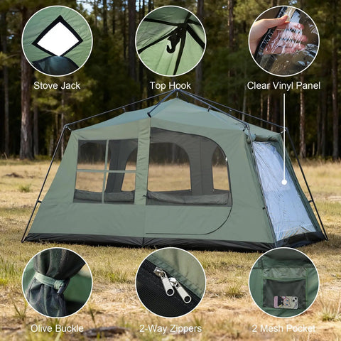 Family Cabin Tent For 6-8 With Porch And 2 Rooms, Waterproof Glamping Tent, 3 Doors, shown in open grassy field, various features.