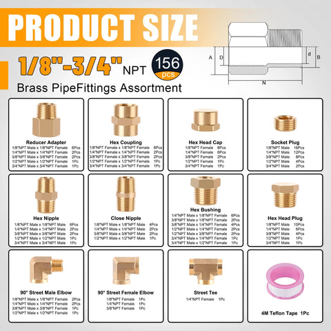 Ailbiuko brass pipe fittings kit, 156 pcs, 1/8"–3/4" NPT adapters, hex nipples, elbows, tees, plugs