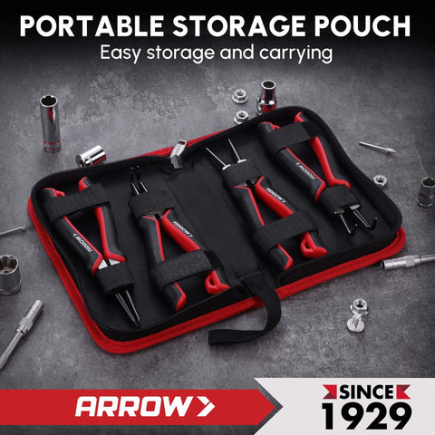 Heavy Duty Snap Ring Pliers Set 4 Piece 7 Inch Circlip Pliers Kit With Internal And External Pliers in storage pouch on metal surface