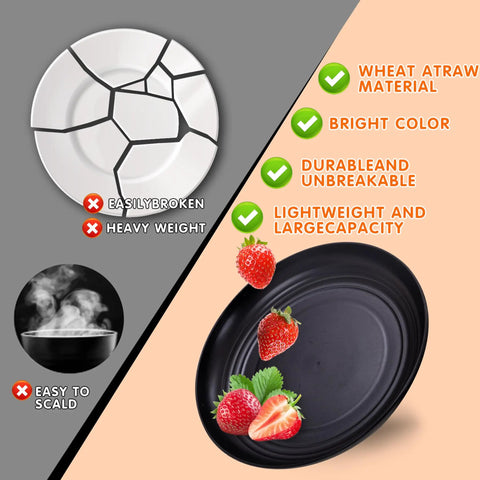 Comparison of a cracked plate and Durable Wheat Straw Dinnerware Set For Four 16 Piece Unbreakable Plastic Plates with strawberries.