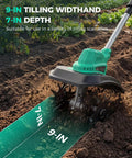 Cordless 21V Tiller Cultivator for Gardening showing 9-inch width and 7-inch depth tilling soil, lightweight hand tiller in use.