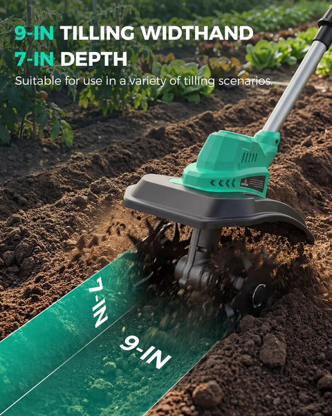 Cordless 21V Tiller Cultivator for Gardening showing 9-inch width and 7-inch depth tilling soil, lightweight hand tiller in use.