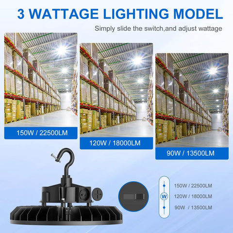 3 Pack 480V LED High Bay Light UFO Industrial Shop Light 150W 120W 90W Adjustable ETL Listed 5000K IP65 Waterproof