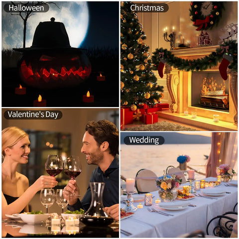 LED Tea Lights 24 Pack Flameless Battery Operated Decor Lights Warm Yellow Flickering Glow No Open Flame Kid And Pet Friendly decorating scenes for Halloween, Christmas, Valentine's Day, and Wedding.