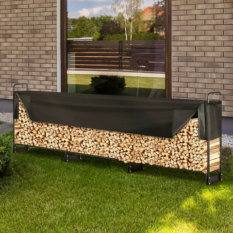 Beefy Heavy Duty Outdoor Firewood Rack With Waterproof 600D Oxford Cover Holds Three Quarter Cord Of Wood on patio
