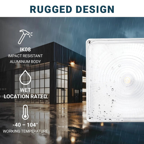 LED Canopy Light 45W 0-10V Dimmable 110-277V IP65 Waterproof ETL Listed Daylight 5000K outdoor fixture in rain setting.