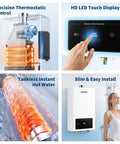 Ridiculously Fast Natural Gas Tankless Water Heater Dropping Instant Hot Water On Demand For Whole House Homes With Slick Digital Temperature Control And Zero Downtime Action; showing precision thermostat, HD LED display, and tankless design.