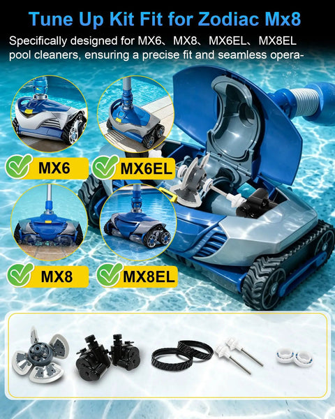 Replacement Tune Up Kit For MX6 MX8 MX6EL MX8EL Pool Cleaners With OEM Grade Parts Including Flex Power Turbine Drive Shafts Bearings Tracks And Directional Devices A B shown with cleaner parts