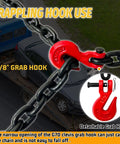 Beefy Three Eighths Inch By Ten Feet Log Chain With Hooks WLL 7100 Lbs Oiled Black Finish in towing application with red grab hook