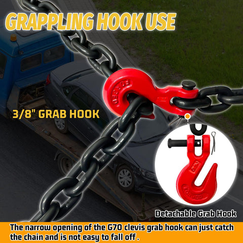 Beefy Three Eighths Inch By Ten Feet Log Chain With Hooks WLL 7100 Lbs Oiled Black Finish in towing application with red grab hook