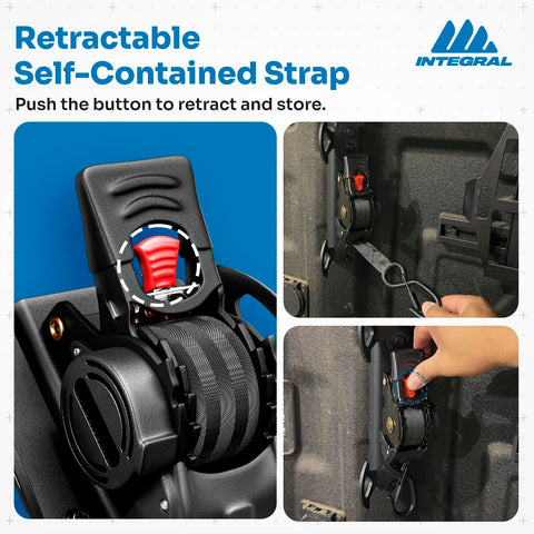 Bed Mounted Retractable Tie Down Straps For Chevy Silverado And GMC Sierra 1500 2019 And Up 2500/3500 2020 And Up Two Pack Factory Anchor Compatible Quick Secure Gear In The Truck Bed No Drama Install showing close-up of retractable mechanism.