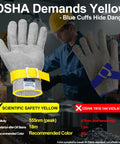 ANSI A9 Pro Grade Cut Resistant Glove With Stainless Steel Mesh For Food Grade Safety in yellow and blue cuffs displayed in industrial setting.
