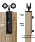 Close-up of Eight Foot Double Barn Door Hardware Kit with Sliding Box Rail Ceiling Mount and Black Aluminum Track System.