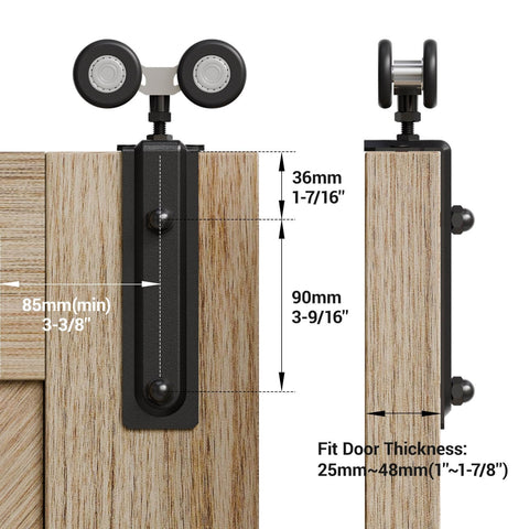 Close-up of Eight Foot Double Barn Door Hardware Kit with Sliding Box Rail Ceiling Mount and Black Aluminum Track System.