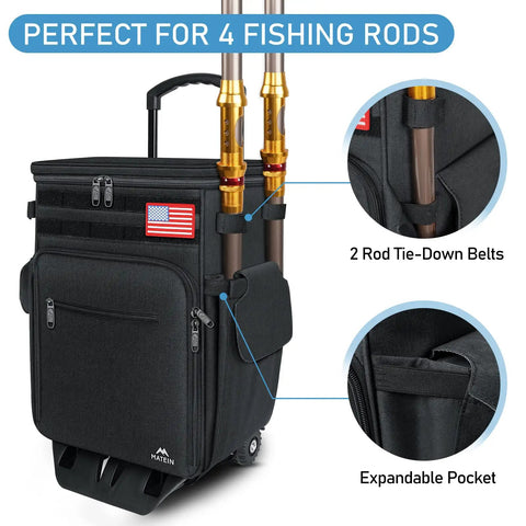 Rolling Tackle Box With Cooler And Wheels, Large Saltwater Ready Fishing Backpack With Rod Holders and US flag patch