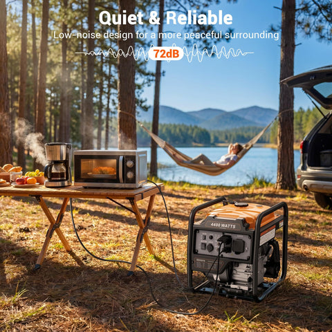 Beefy 4400 Watt Open Frame Inverter Generator for home backup near lake with RV ready and quiet operation in camping setup