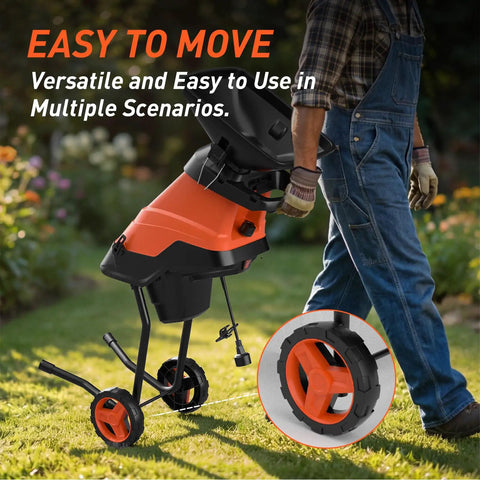 Person moving Powerful 15 Amp Electric Wood Chipper Shredder With 1.75 Inch Cutting Capacity For Branches and Twigs in garden