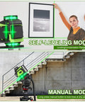 Pro-Grade 4x360 Degree Green Laser Level With Self Leveling, 16 Line Cross Line Laser Tool in self-leveling and manual modes.