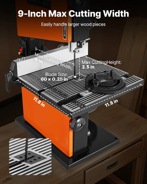 9 Inch Benchtop Woodworking Band Saw With 0.5 HP Motor For Beast Mode Cuts Up To 3.5 Inches, 11.8 By 11.8 Inch Cast Aluminum Table