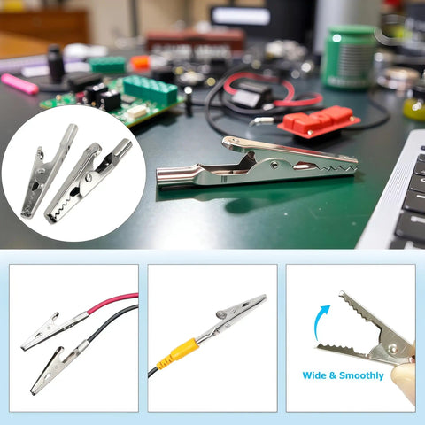 Heavy Duty 50mm Metal Alligator Clips 50 Pack on workspace for electrical testing and DIY projects