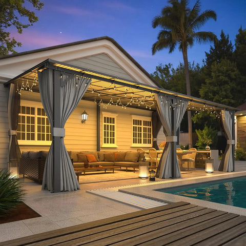 12x20 Patio Gazebo With Curtains And Mosquito Netting Large Wall Mounted Lean To Pergola With Hard Top over backyard deck