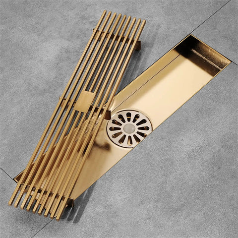 Heavy Duty Rectangular Shower Drain Tile Insert Grate Stainless Steel Removable Hair Catcher Filter in brushed gold finish.