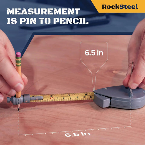 Rotating Tape Measure Circle Tool For Arcs And Circles Pencil Friendly Beam Compass Alternative in use on wooden surface