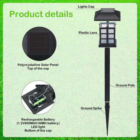 Product details of 20 Pack Solar Pathway Lights For Outdoors, showing light cap, polycrystalline solar panel, and ground spike